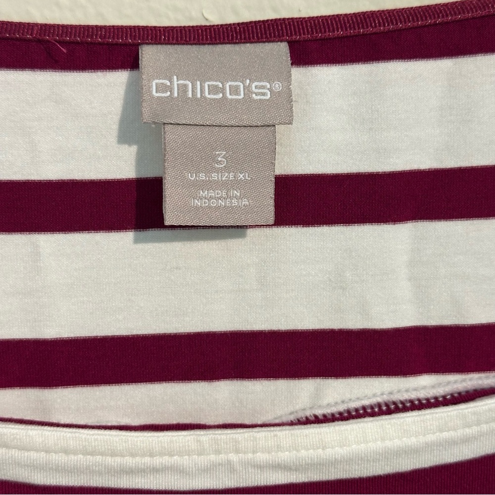 Chico's Burgundy and White 3/4 Sleeve Tie Blouse - Picture 2 of 4